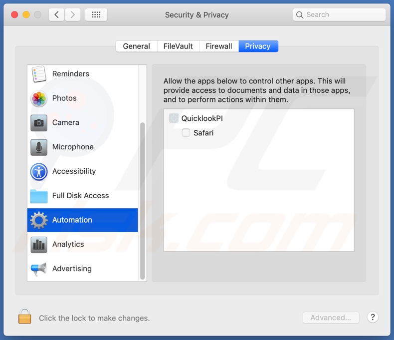 QuicklookPI adware in de Automation-instellingen