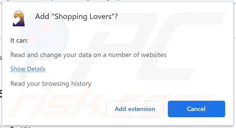 Shopping Lovers adware vraagt toestemming om gegevens bij te houden