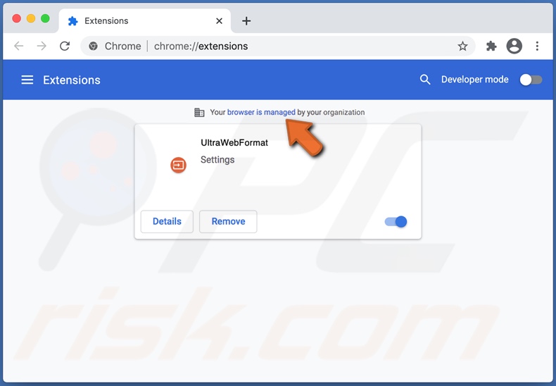 Beheerd door uw organisatie functie toegevoegd aan Chrome door de UltraWebFormat browser hijacker