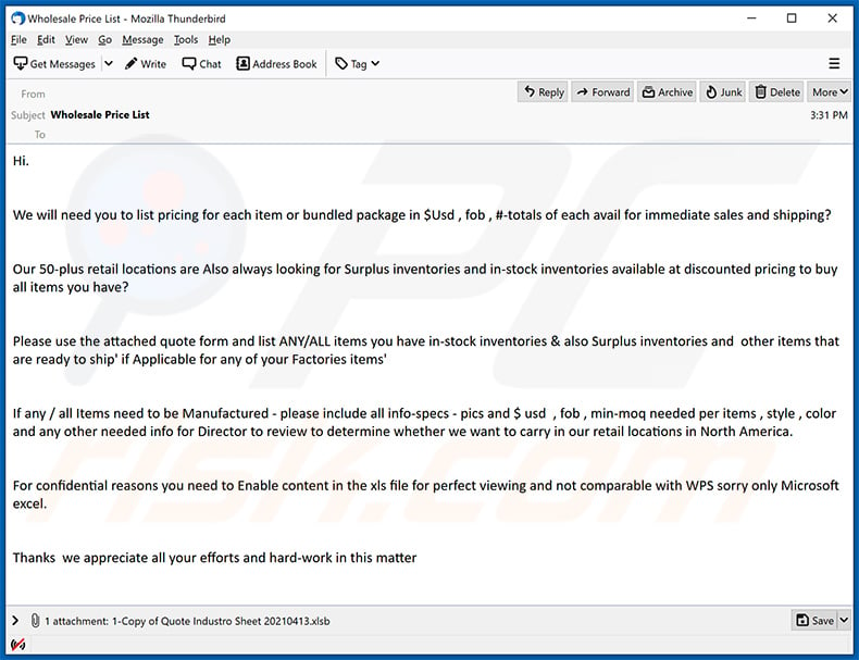 Spam e-mail verspreidt Warzone RAT via bijgevoegd MS Excel document