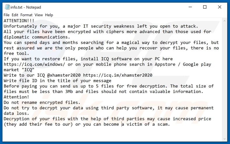 XHAMSTER ransomware tekstbestand (info.hta)