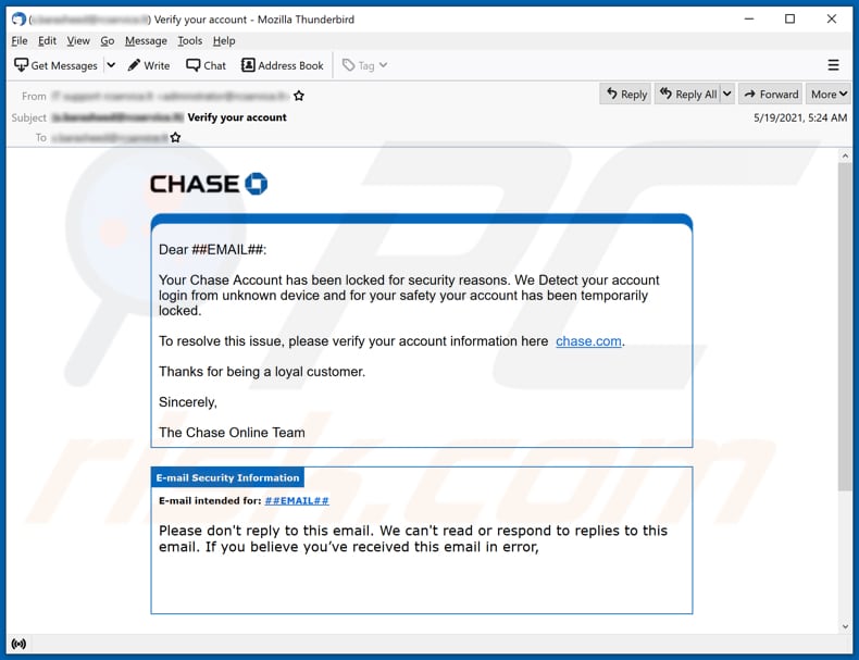 Chase account has been locked email scam email spam campaign