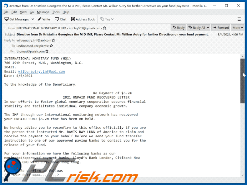 INTERNATIONAL MONETARY FUND e-mail scam (2021-05-06)