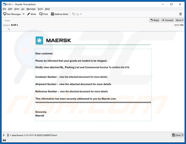 Maersk-thema spam e-mail die een phishing HTML bestand promoot