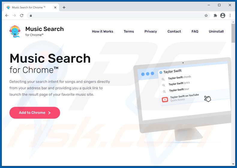 Website gebruikt om Music Search for Chrome browser hijacker te promoten