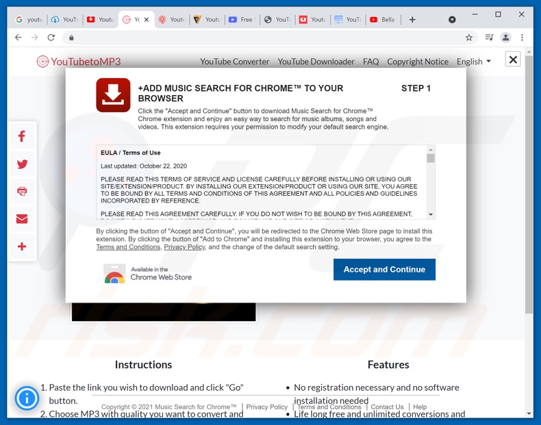 Misleidende website gebruikt om Music Search for Chrome browser hijacker te promoten