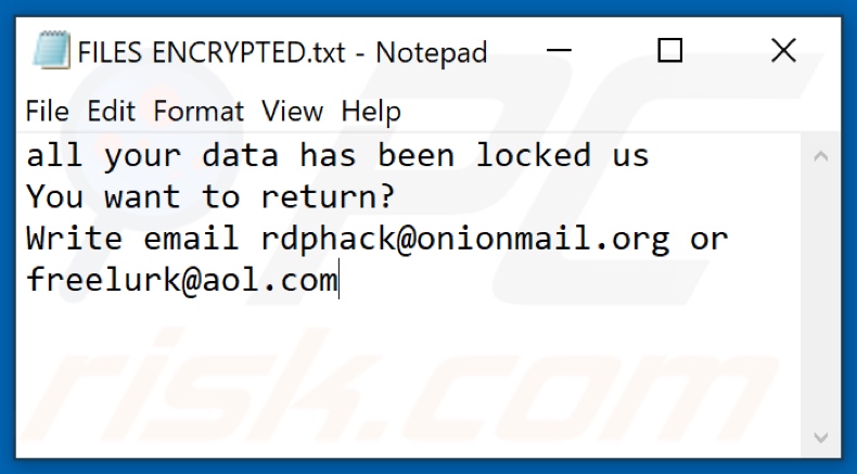 Rdp (Dharma) ransomware tekstbestand (FILES ENCRYPTED.txt)