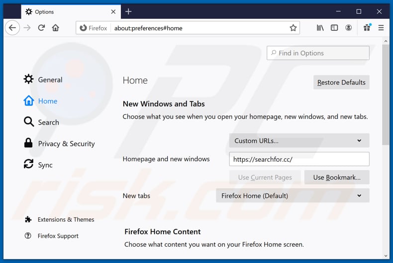 Searchfor.cc verwijderen van Mozilla Firefox homepage