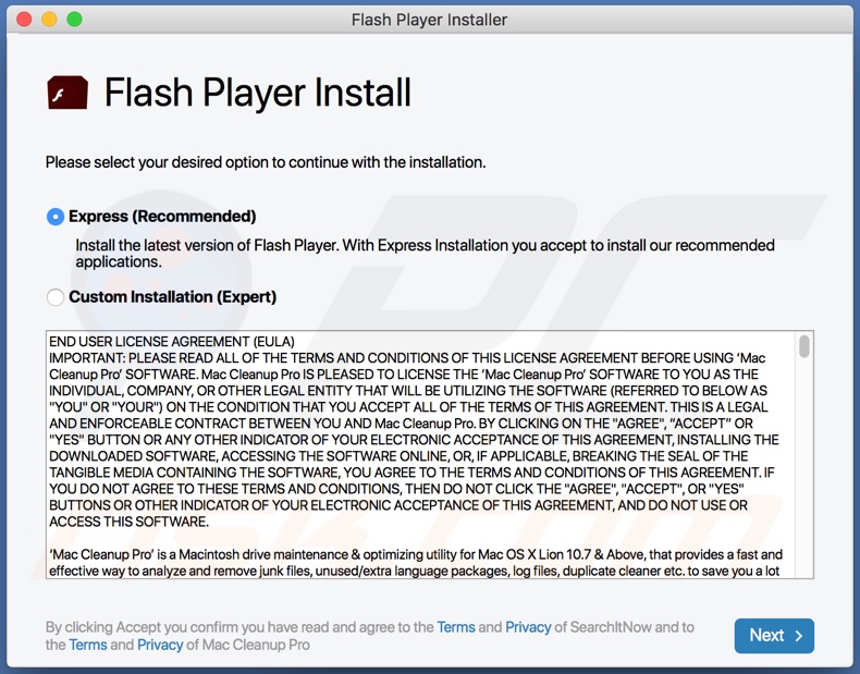 SearchWebAid adware verspreid via nep Flash Player updater/installer
