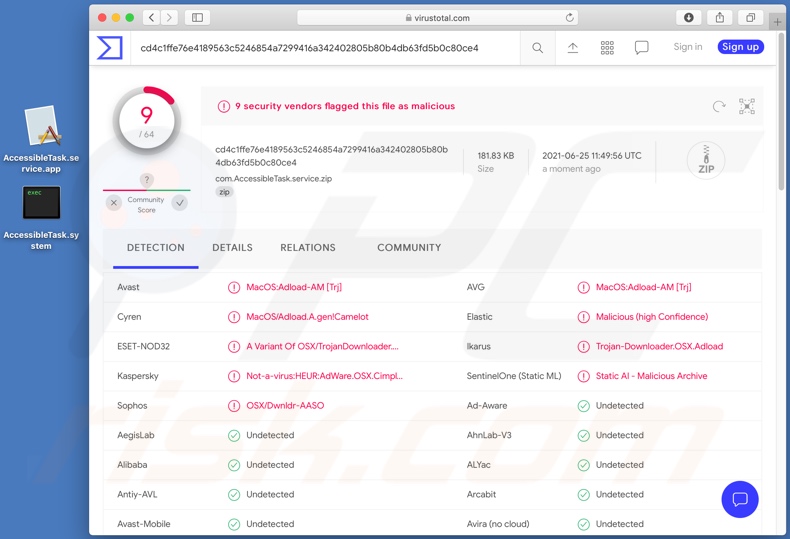 AccessibleTask adware detecties op VirusTotal