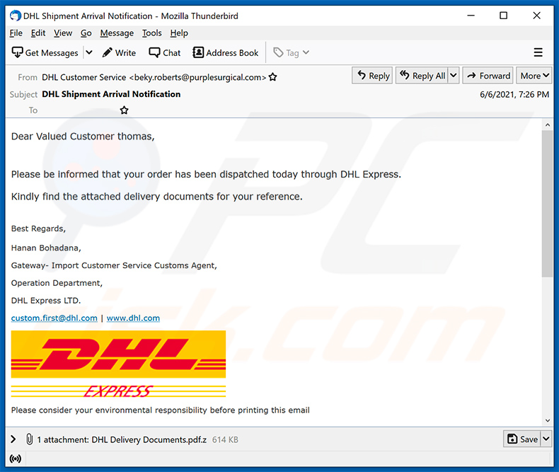 DHL Express-thema spam email verspreiden Agent Tesla (2021-06-08)