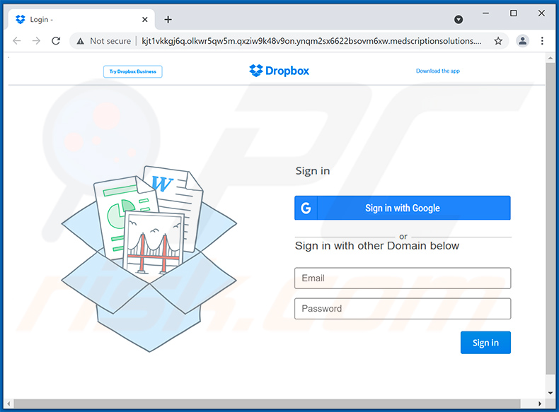 Phishing-website met Dropbox-thema