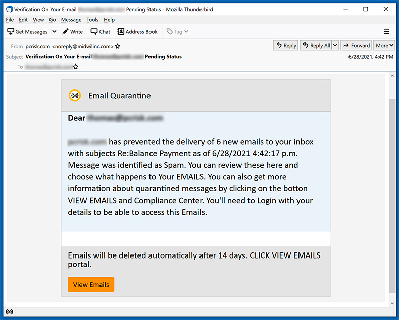 spam e-mail met quarantaine-thema die een phishing website (2021-06-30)