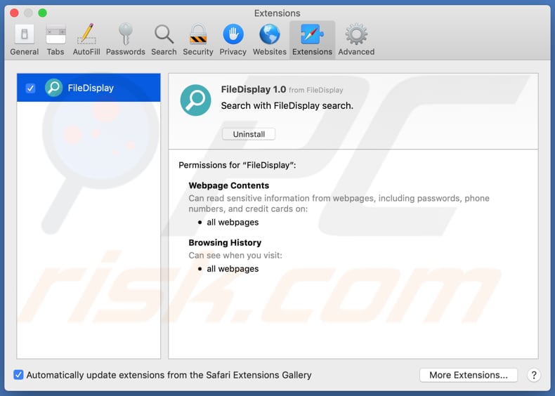 filedisplay adware safari extensie