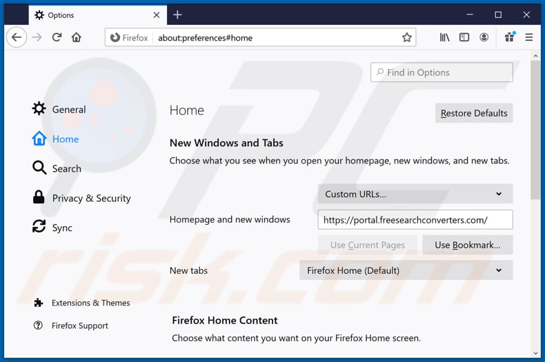Freesearchconverters.com van Mozilla Firefox-homepage verwijderen