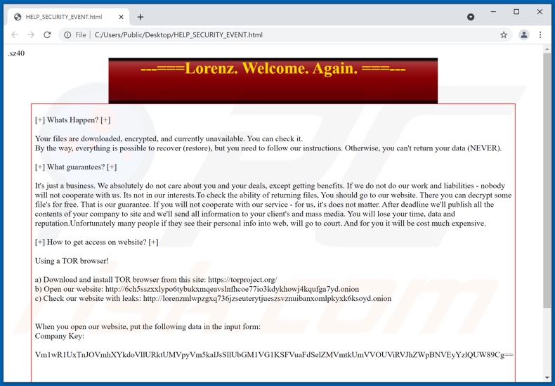 Lorenz ransomware bericht waarin om losgeld wordt gevraagd (HELP_SECURITY_EVENT.html)