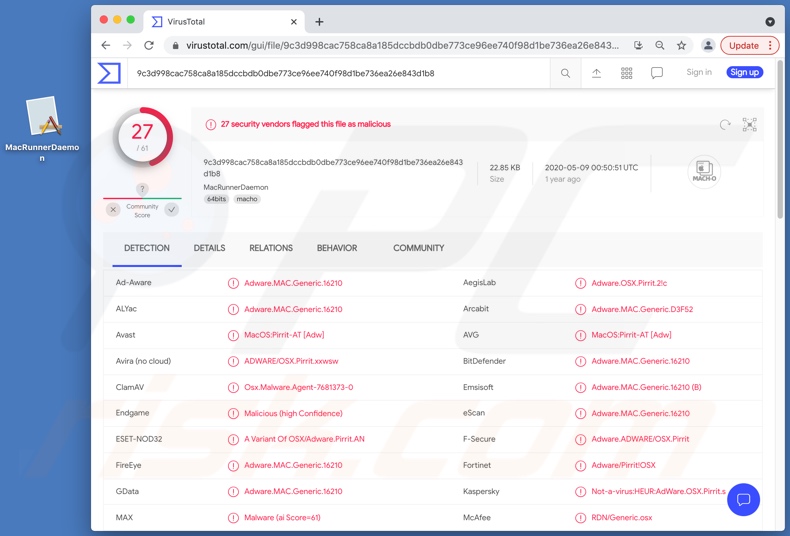 MacRunnerDaemon adware detecties op VirusTotal