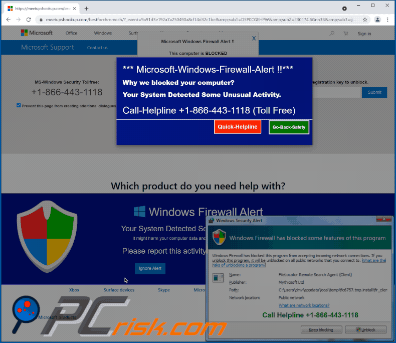 Microsoft Windows Firewall Alert pop-up scam verschijning (GIF)