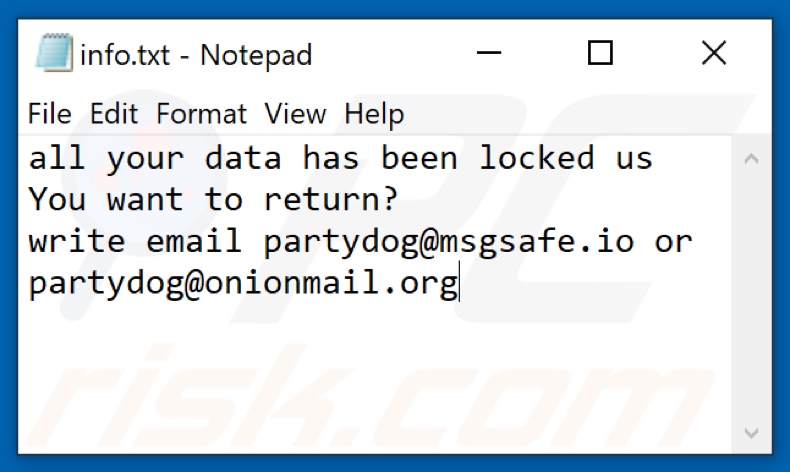 PARTYDOG ransomware tekstbestand (info.txt)