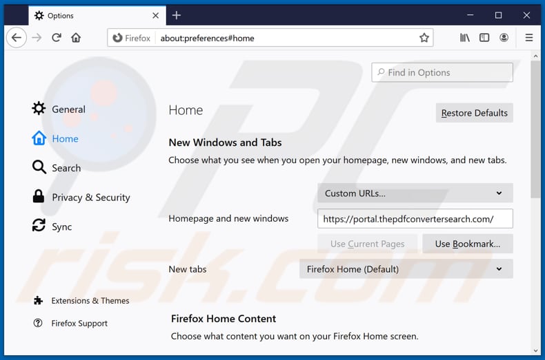 Thepdfconvertersearch.com van Mozilla Firefox-homepage verwijderen