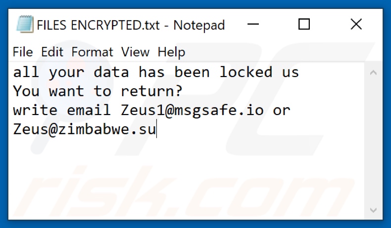 ZEUS ransomware tekstbestand (FILES ENCRYPTED.txt)