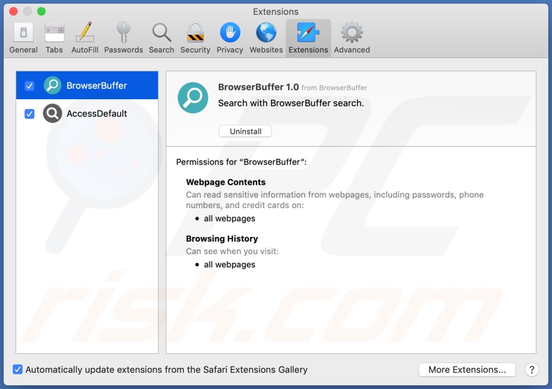 BrowserBuffer adware geïnstalleerd op Safari
