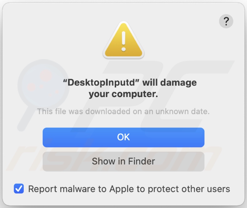 Pop-up die wordt weergegeven wanneer DesktopInput adware wordt gedetecteerd op het systeem