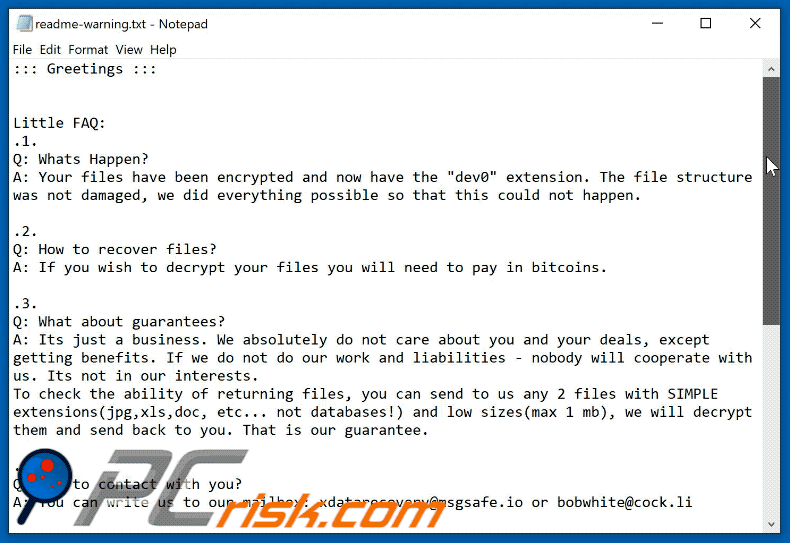 Dev0 ransomware losgeldbrief verschijning GIF (readme-warning.txt)