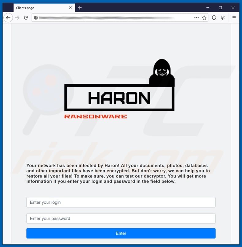 Haron ransomware login webpage