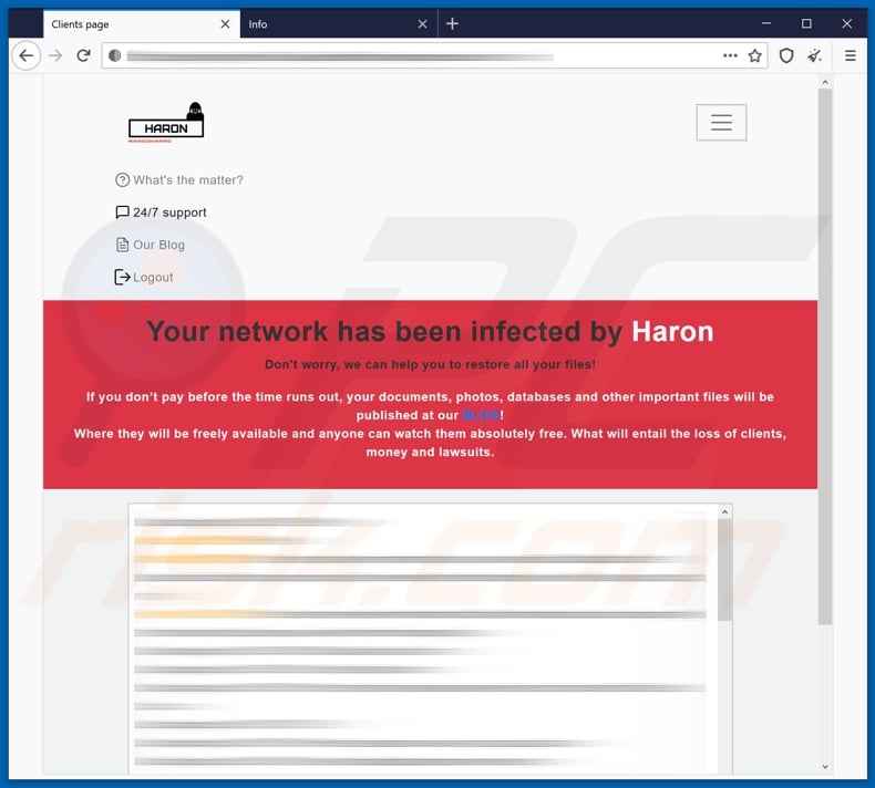 Haron ransomware getoonde webpagina na inloggen