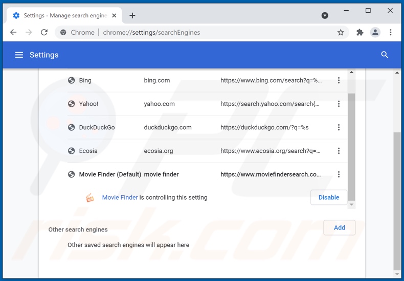 Verwijderen van moviefindersearch.com uit Google Chrome standaard zoekmachine