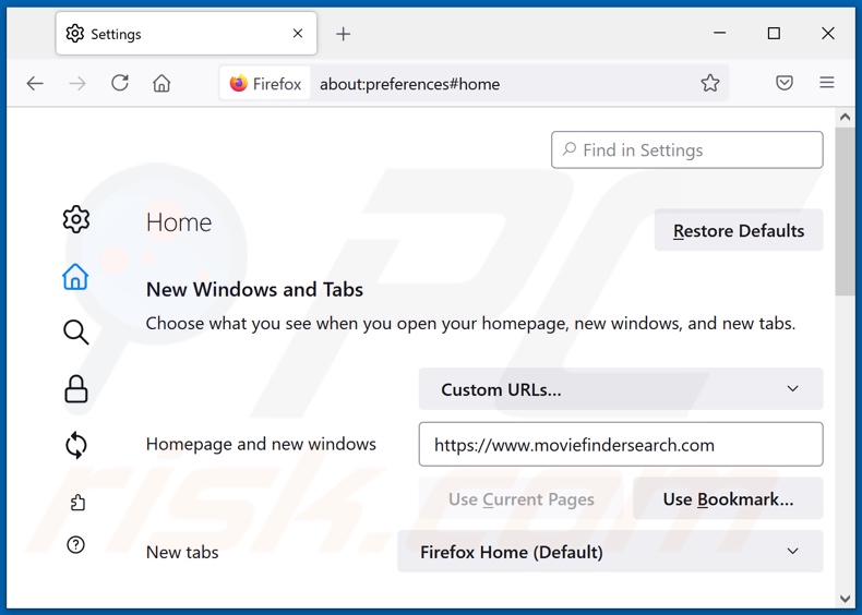 Verwijderen van moviefindersearch.com uit Mozilla Firefox homepage