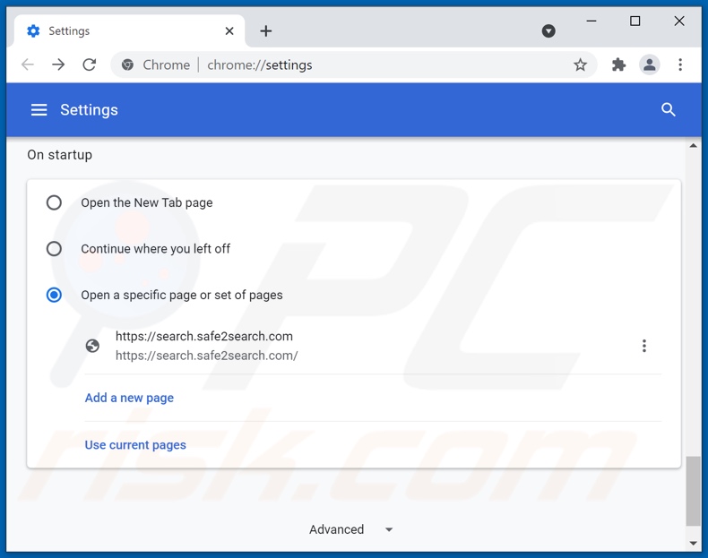 Search.safe2search.com verwijderen uit Google Chrome startpagina