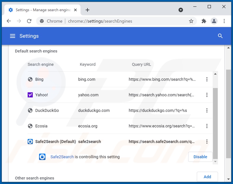Verwijderen van search.safe2search.com uit Google Chrome standaard zoekmachine