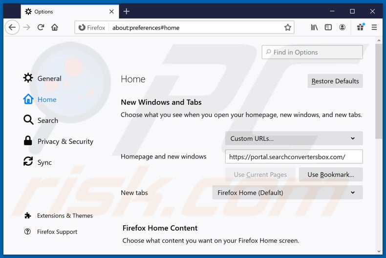 Searchconvertersbox.com verwijderen van Mozilla Firefox-startpagina