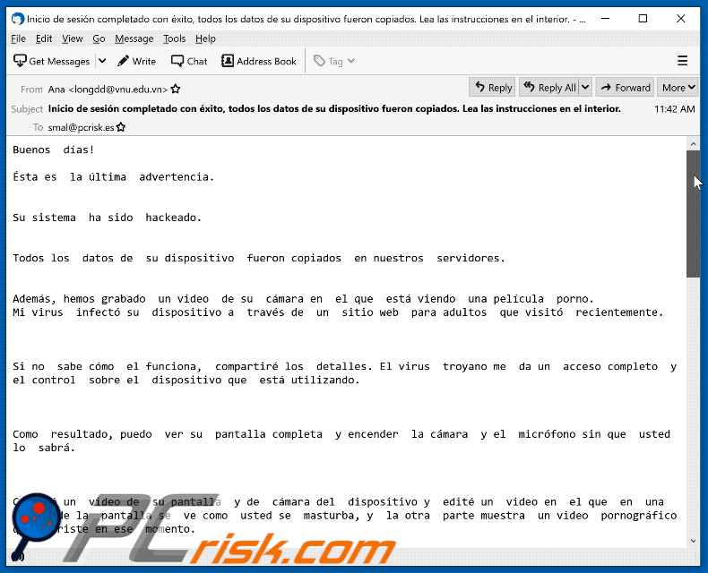 Een Spaanse variant van de This is my last warning!!! scam email