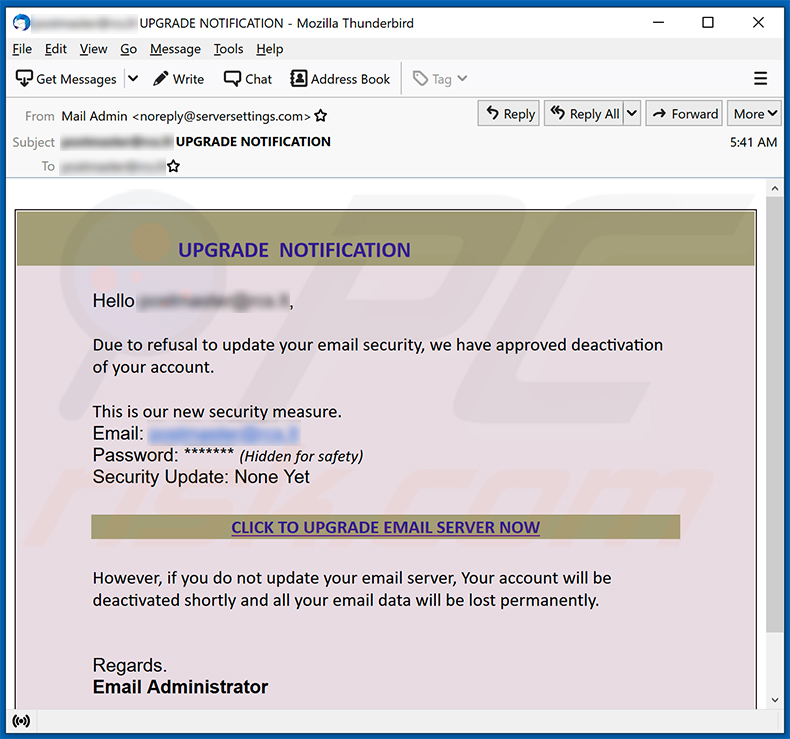 Upgrade Email spam die een phishing site promoot