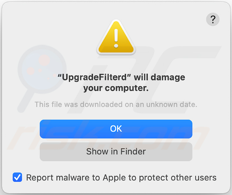 Pop-up waarschuwing weergegeven wanneer UpgradeFilter aanwezig is