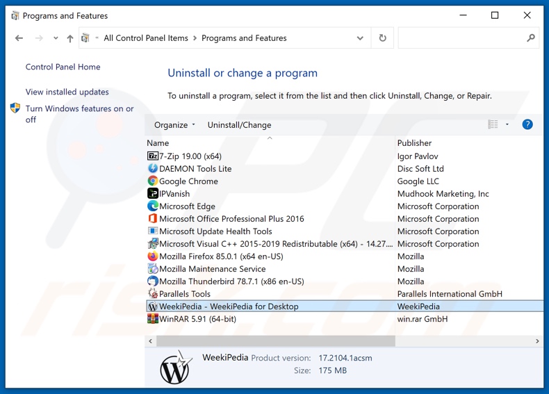 WeekiPedia adware verwijderen via Configuratiescherm