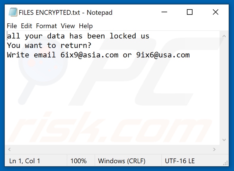 6ix9 ransomware tekstbestand (FILES ENCRYPTED.txt)