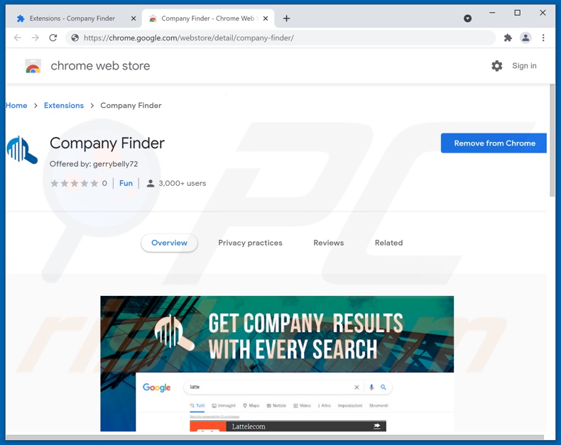 Company Finder adware op Chrome Web Store