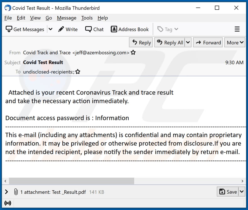 Coronavirus Track and trace result email virus malware-spreading email spam campagne