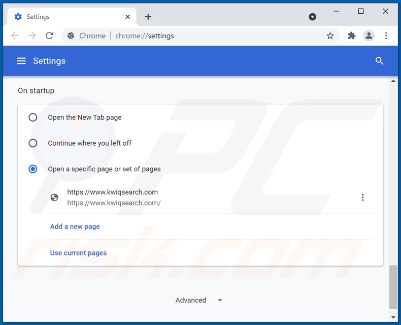 Verwijderen van kwiqsearch.com uit Google Chrome startpagina