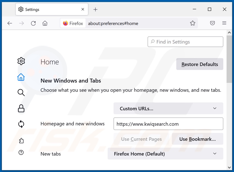 Verwijderen van kwiqsearch.com uit Mozilla Firefox startpagina