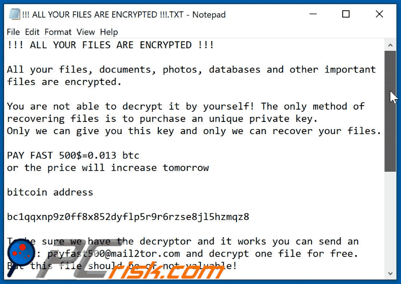 Payfast ransomware tekstbestand GIF (!!! ALL YOUR FILES ARE ENCRYPTED !!!.TXT)