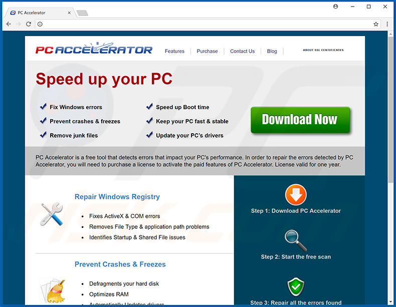 Website gebruikt om ongewenste toepassing van PC Accelerator te promoten