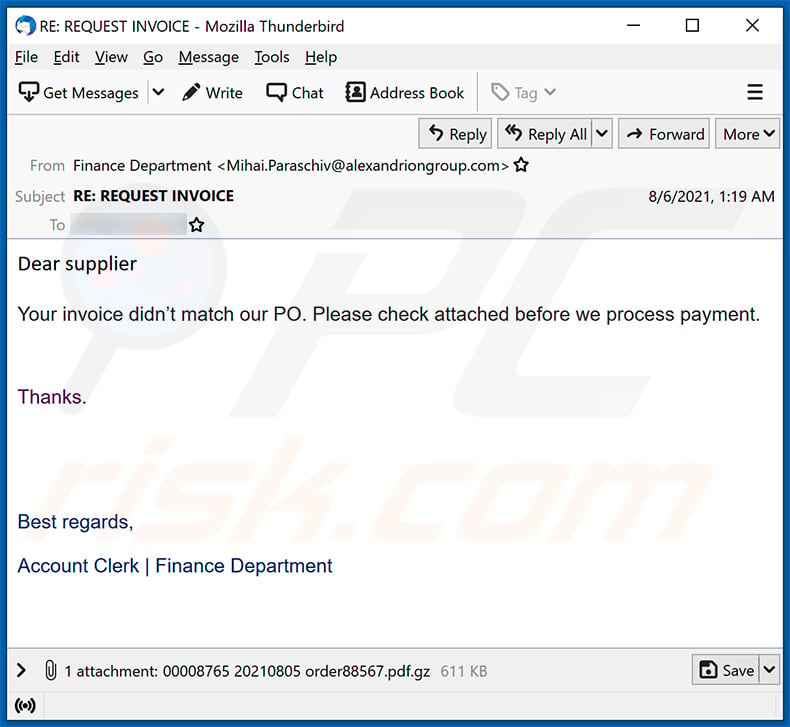 Purchase Order-themed spam email promoting FormBook malware