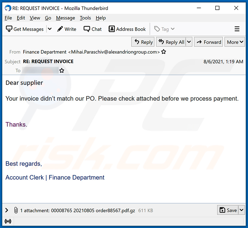 Purchase Order-themed spam email promoting FormBook malware