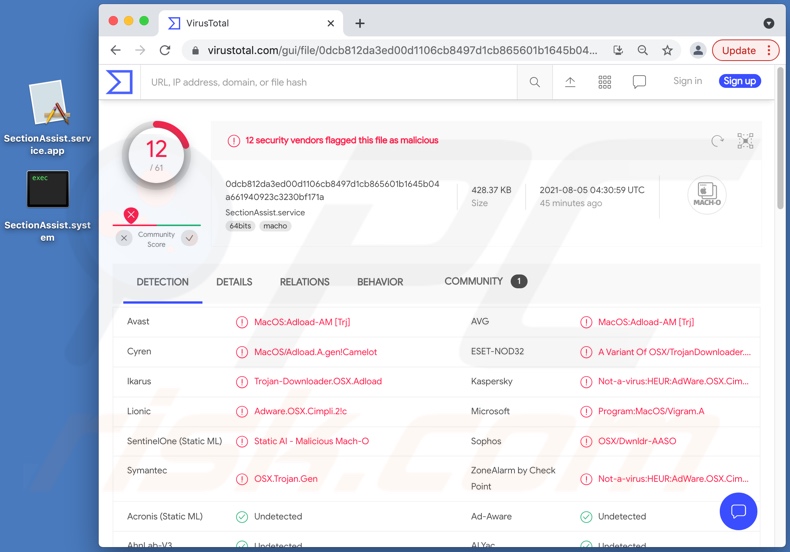 SectionAssist adware detecties op VirusTotal