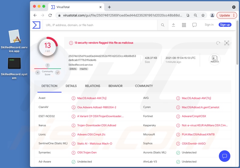 SkilledRecord adware detecties op VirusTotal